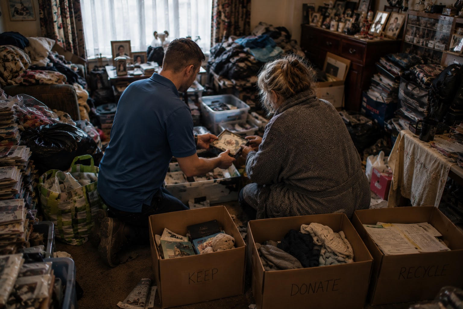 A Clarity Site Services specialist sitting alongside a resident in her home, gently sorting cherished belongings into Keep, Donate and Recycle boxes — person-centred hoarding intervention with dignity